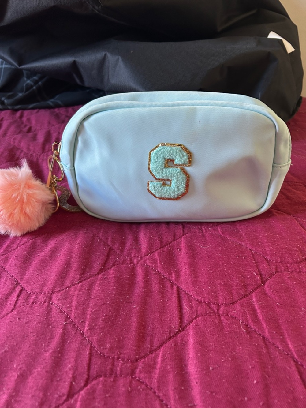 ‘S’ initial light blue makeup bag w/charm